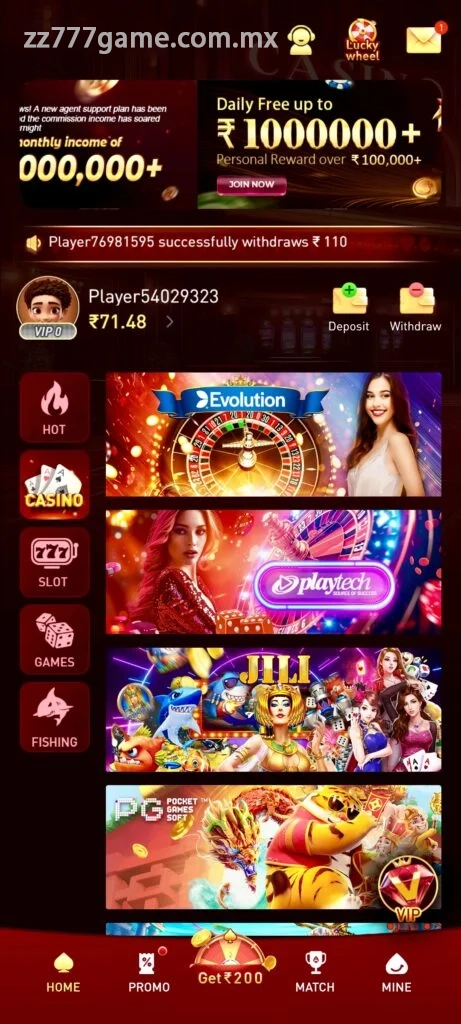 Mobile casino lobby showing table games, slots and fishing