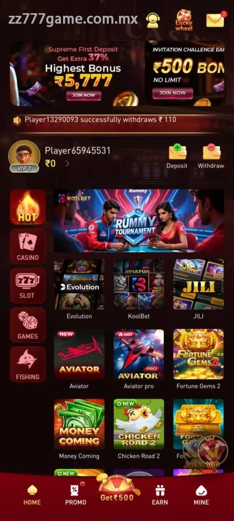 Android game lobby with rummy, Aviator and arcade titles